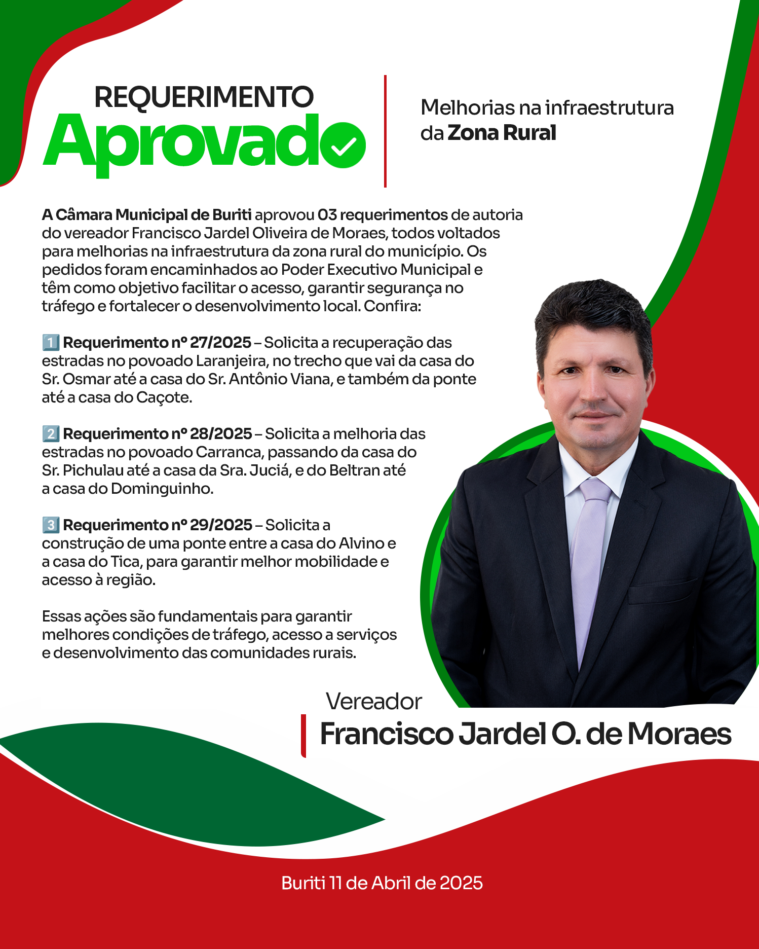 Requerimento Aprovado na Sessão do dia 11-04-2025 - Vereador Francisco Jardel O. de Moraes